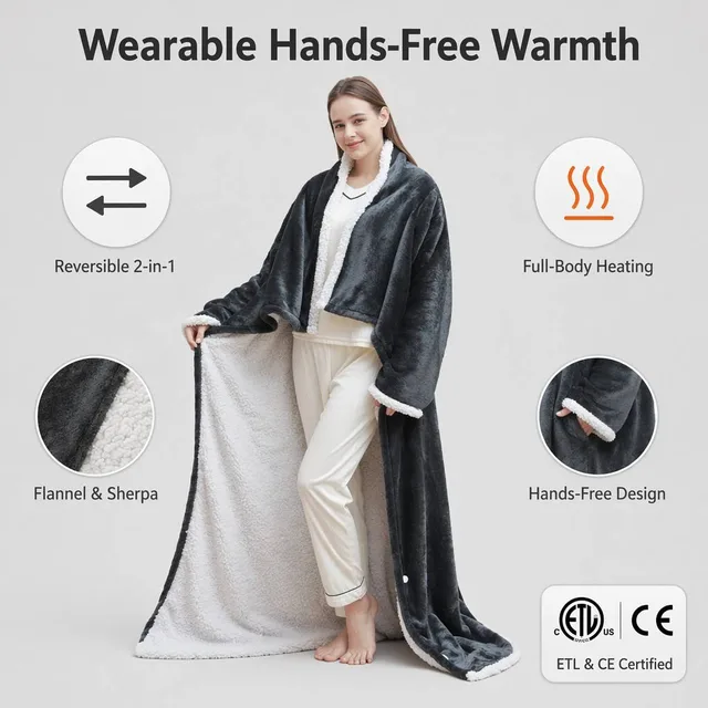 Flannel heated blanket with sleeves